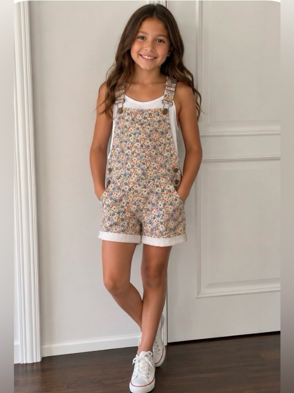 Boden Floral Print heart pocket' Short Overalls - Cream Multi
